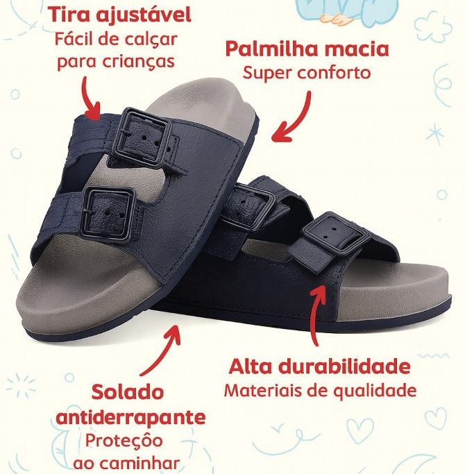Sandália Infantil Menino Bento Anatômica Macia Confortável – Tira Dupla com Fivela Antiderrapante
