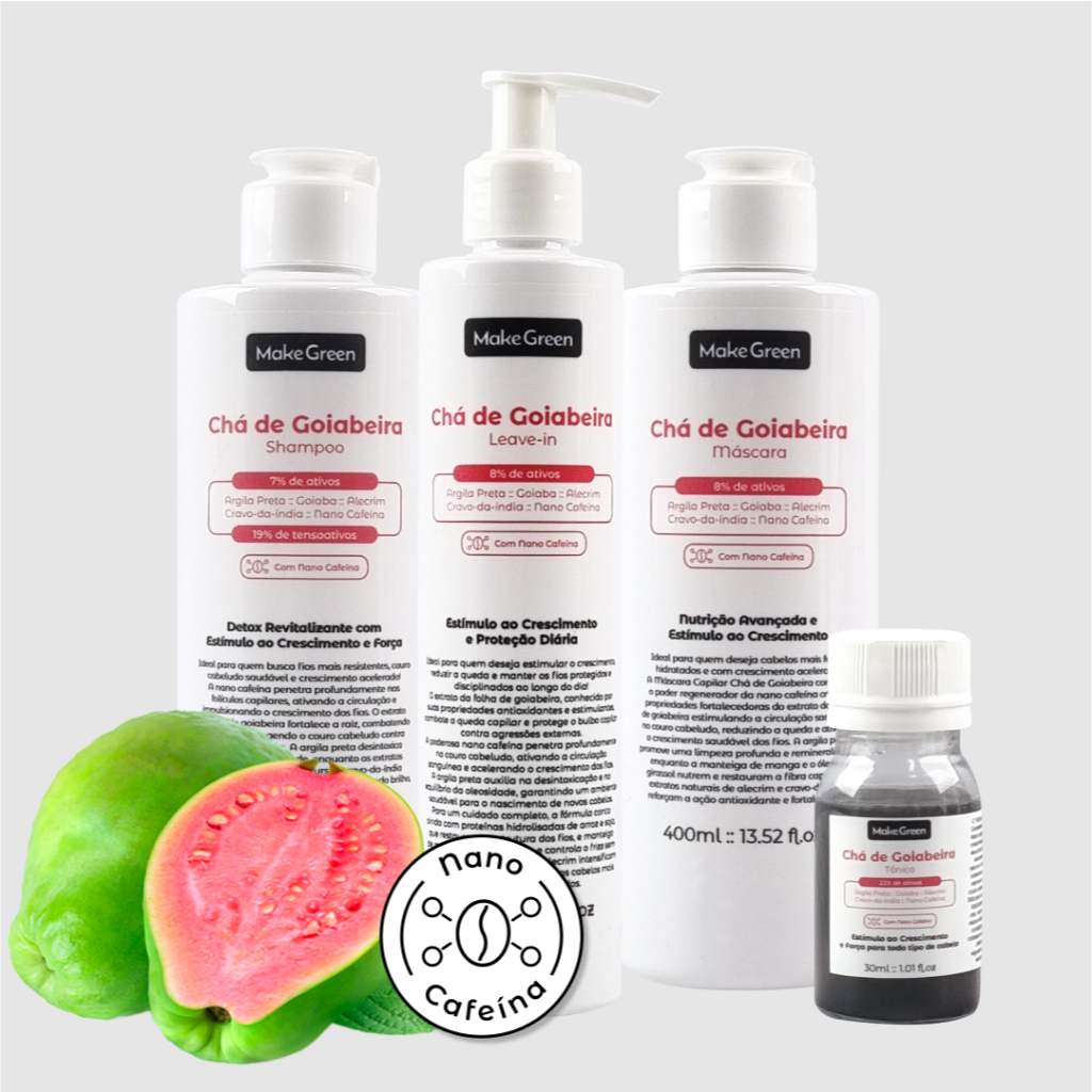 Novo Kit Tratamento Completo Chá de Goiabeira – Shampoo + Máscara + Leave-in + Tônico | Crescimento Capilar e Força Tota