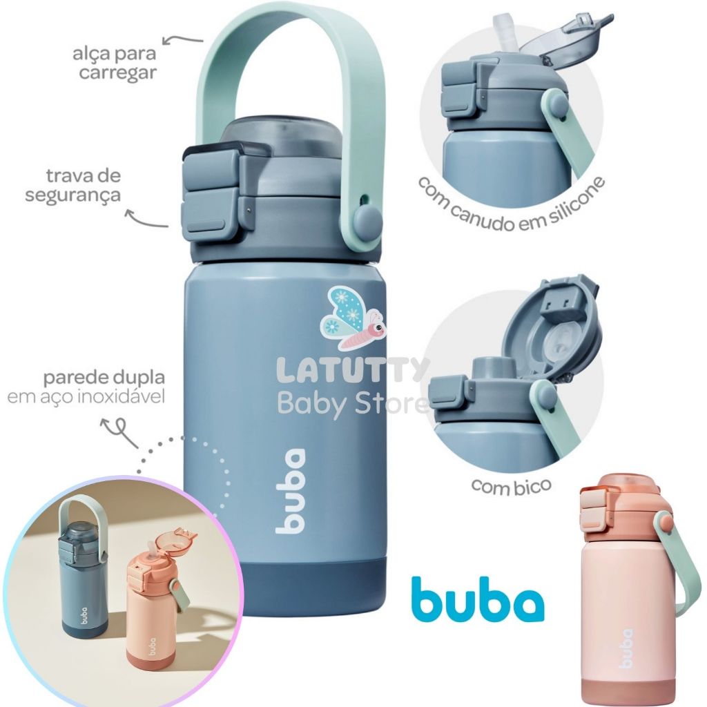 Copo Térmico com Bico e Canudo Buba 360 ml Garrafinha Térmica Garrafa Parede Dupla Infantil