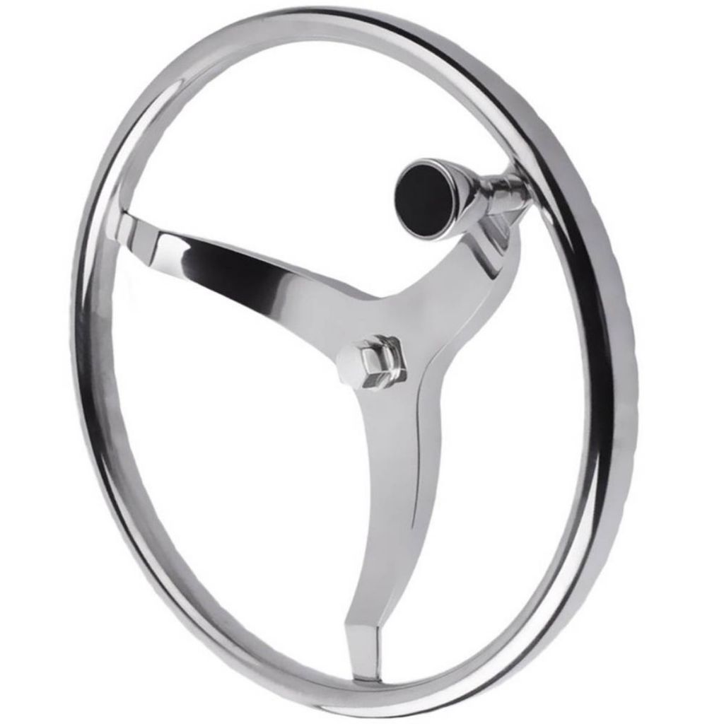 Volante Em Aço Inox 316 Polido Com Três Raios E Knob Fixo 345MM