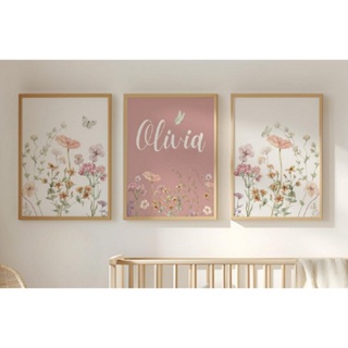 Kit 3 Quadros Decorativos Flores Rosa com Moldura Personalizado com Nome Quarto Menina Bebê Maternidade em Oferta na Shopee