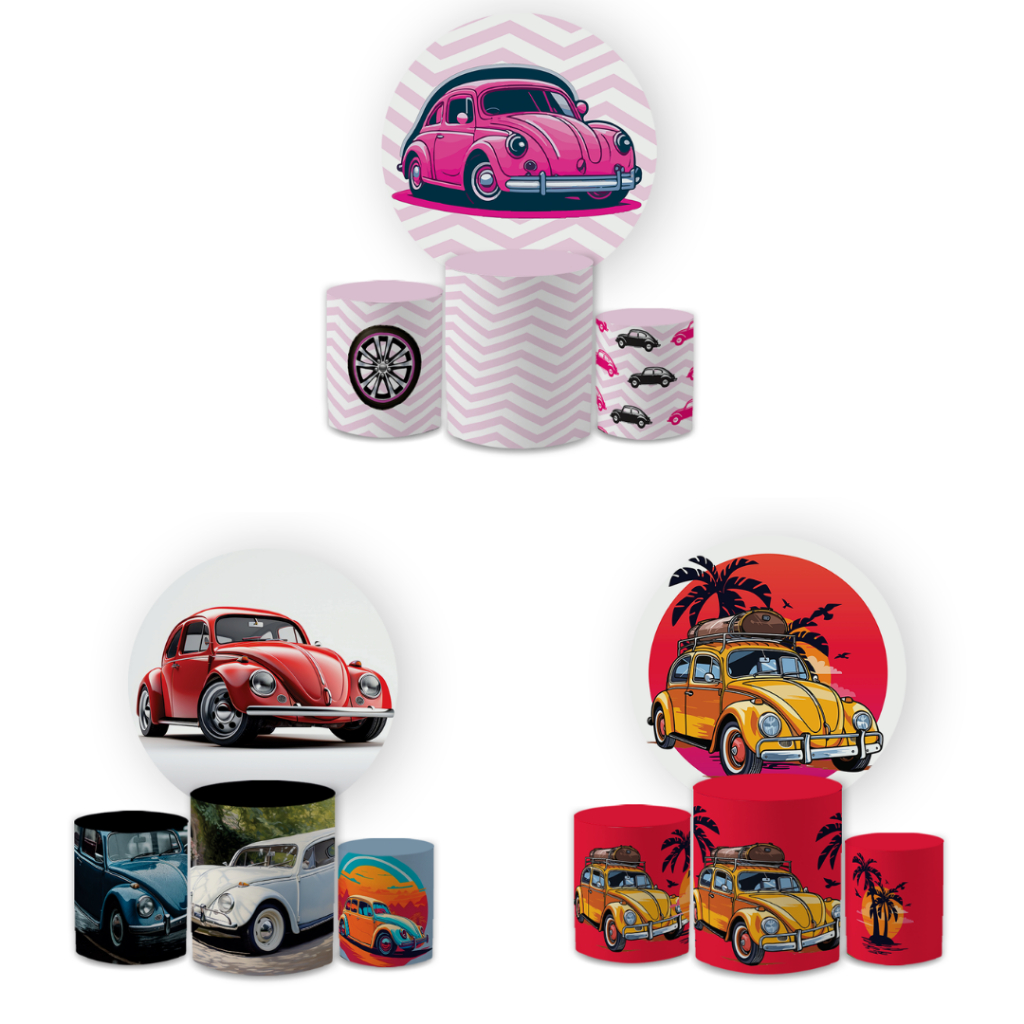 Kit Decorativo Painel Redondo C/ Elástico + Trio Capa Cilindros Fusca Carro Decoração