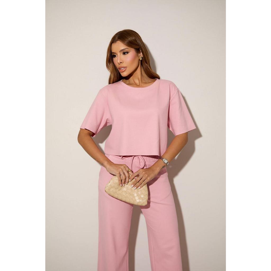 Conjunto Blusa Manga Curta E Calça Pantalona Com Abertura Rosa Dia-A-Dia Básico