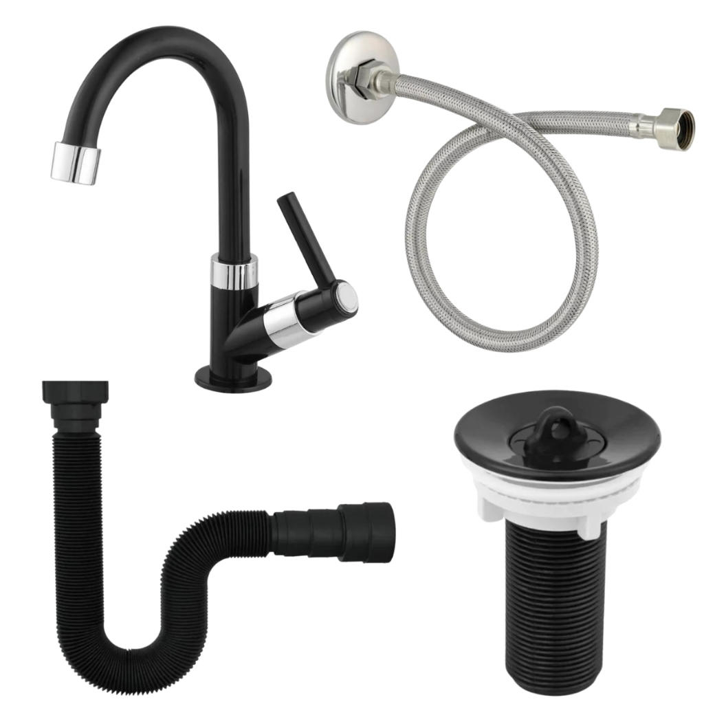 Kit Para Banheiro Torneira Preta Bica Móvel ABS + Valvula 7/8  + Sifão + Engate 60 cm em Oferta na Shopee