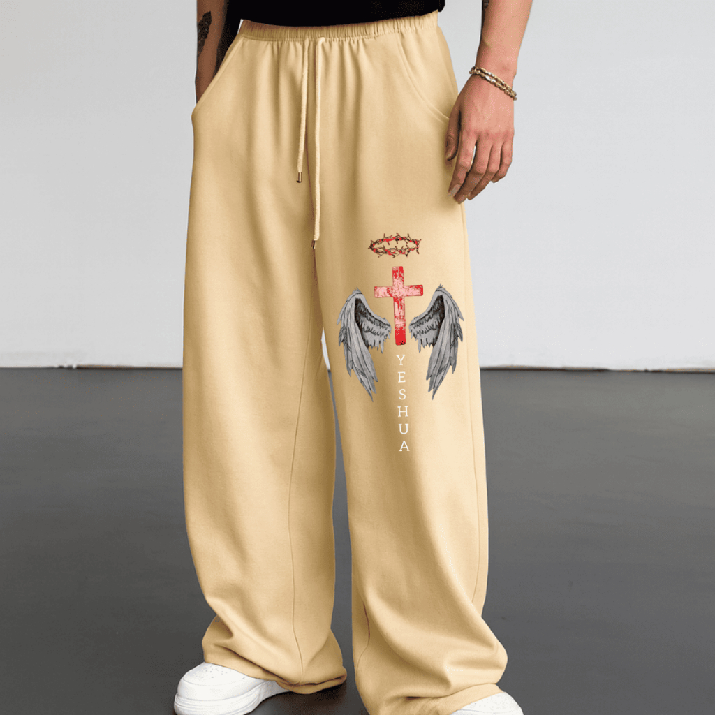 Moletom Calça Urban Style Wide Leg Flanelada Premium Tendência Hip Hop Modelo Yeshua Espada Asas
