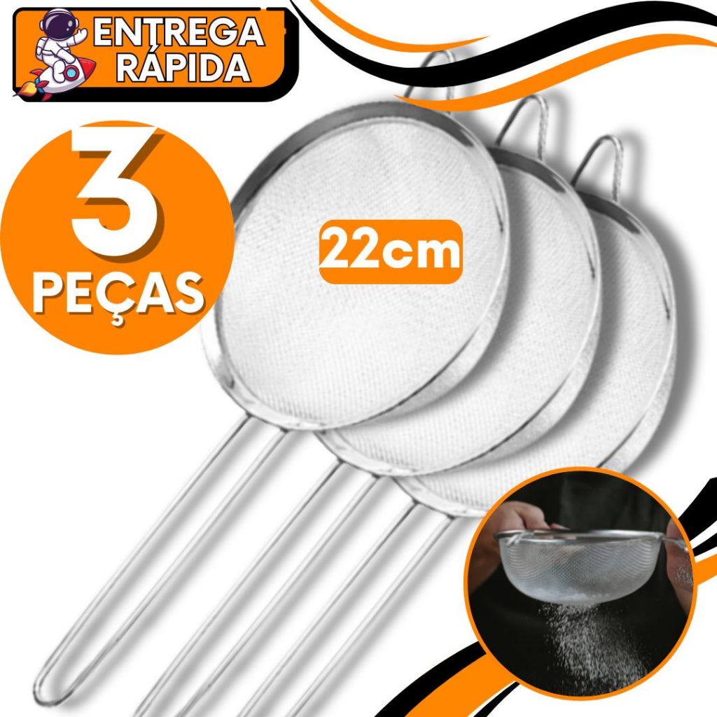 KIT JOGO 3 Peneira Coador Peneiras Aço Inoxidável Tam 22 cm Polvilhar Para Cozinha Peneira De Cozinha Profissional
