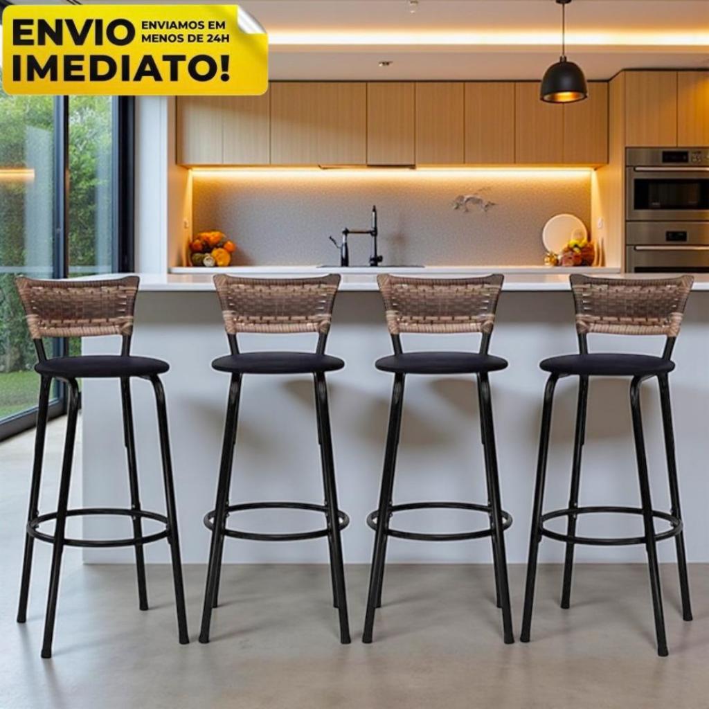 4 Banqueta Alta De Junco Capuccino Para Cozinha Moderna Bancada Balcão Bares Área Gourmet Casa