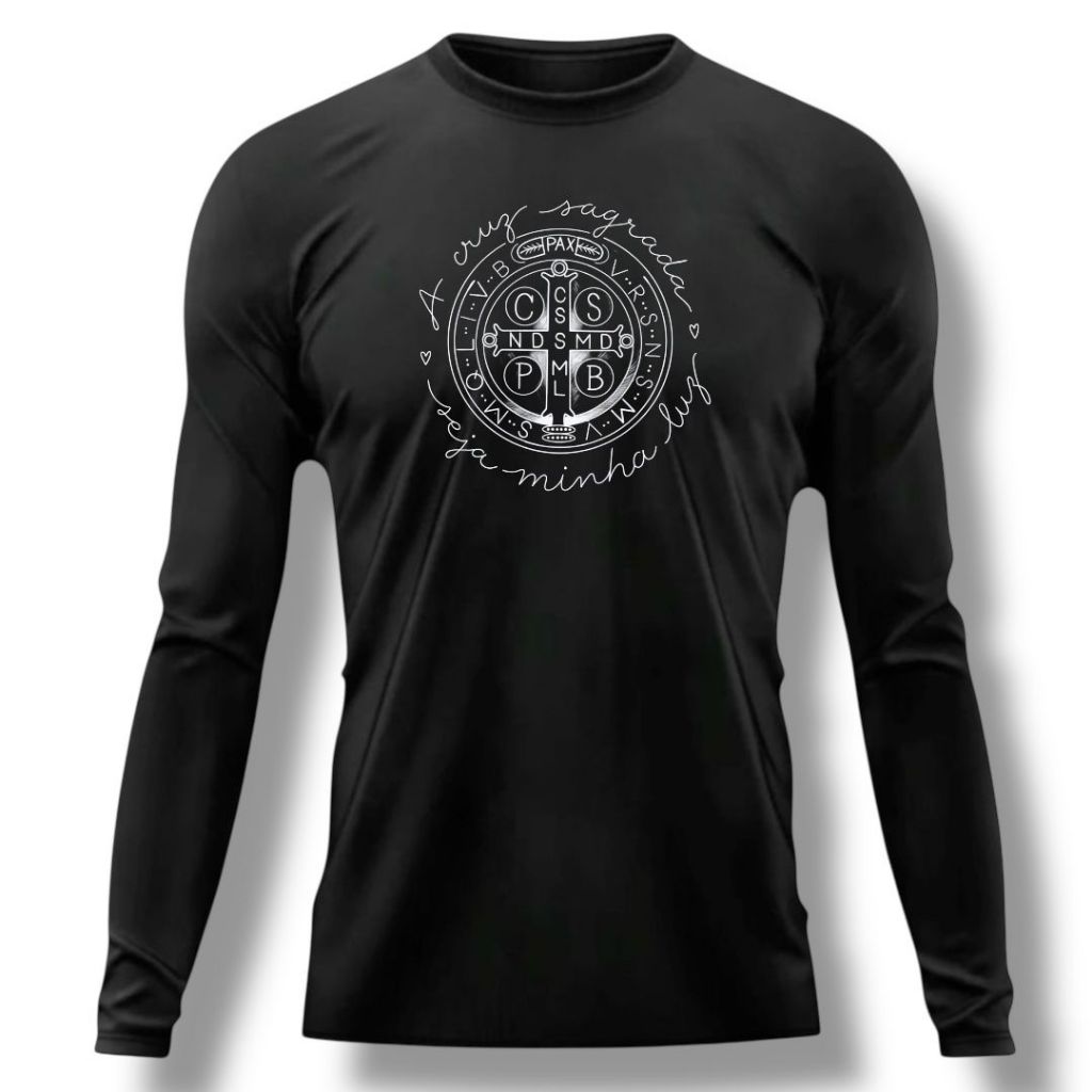 Camisa com proteção uv manga longa medalha de são bento católica em Oferta na Shopee