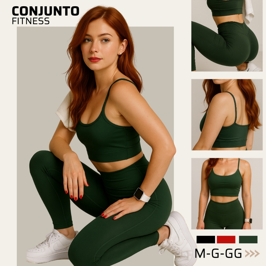 Conjunto Feminino de Academia Calça Legging Top Alça Forrado Alta Compressão M ao GG