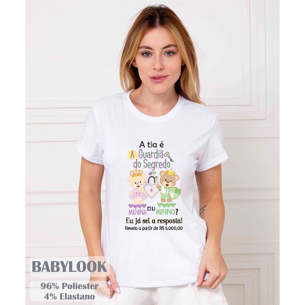 Baby Look Guardiã do Segredo Chá Revelação | Camiseta Menina ou Menino Tia da Revelação