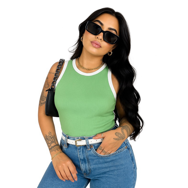 Cropped Regata Feminina Canelada | Blusa Justa Ribana Confortável Tendência 2025 BICOLOR