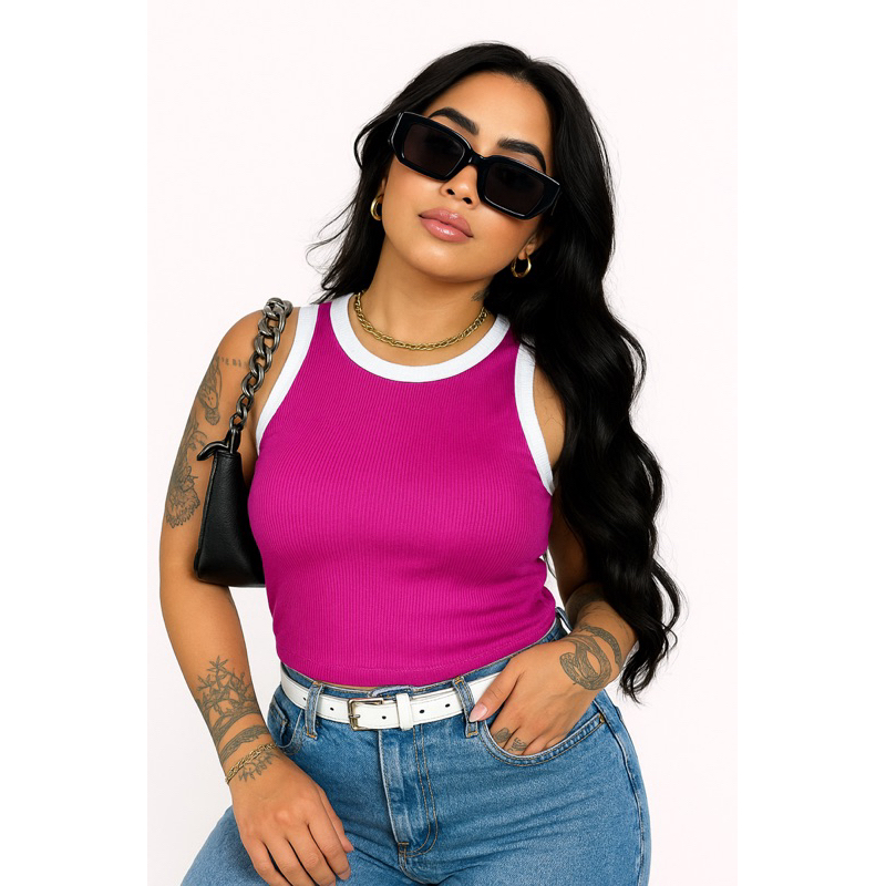 Blusa Regata Canelada Feminina | Ribana Cropped Básica Justa para Academia e Dia a Dia BICOLOR