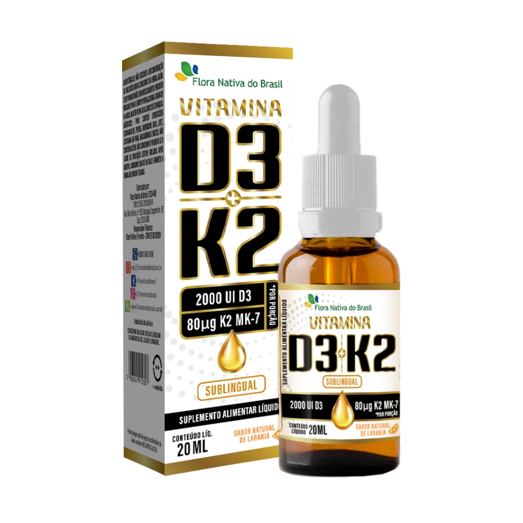 Vitamina em gotas D3 + K2 Mk-7 20ml (sabor laranja) - Flora Nativa