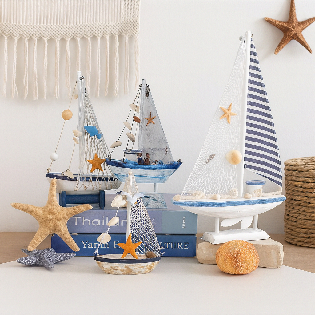barco navio veleiro decoracao maritima mediterraneo branco e azul grande pequeno em Oferta na Shopee