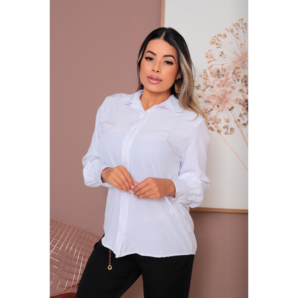 Camisa Feminina Liso Manga Longa Elegante  em Crepinho