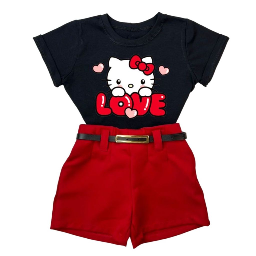 Look Infantil Estiloso T-Shirt Gatinha Shortinho Com Cinto Conjunto Hell0 Kitty Meninas Conforto E Estilo Verão