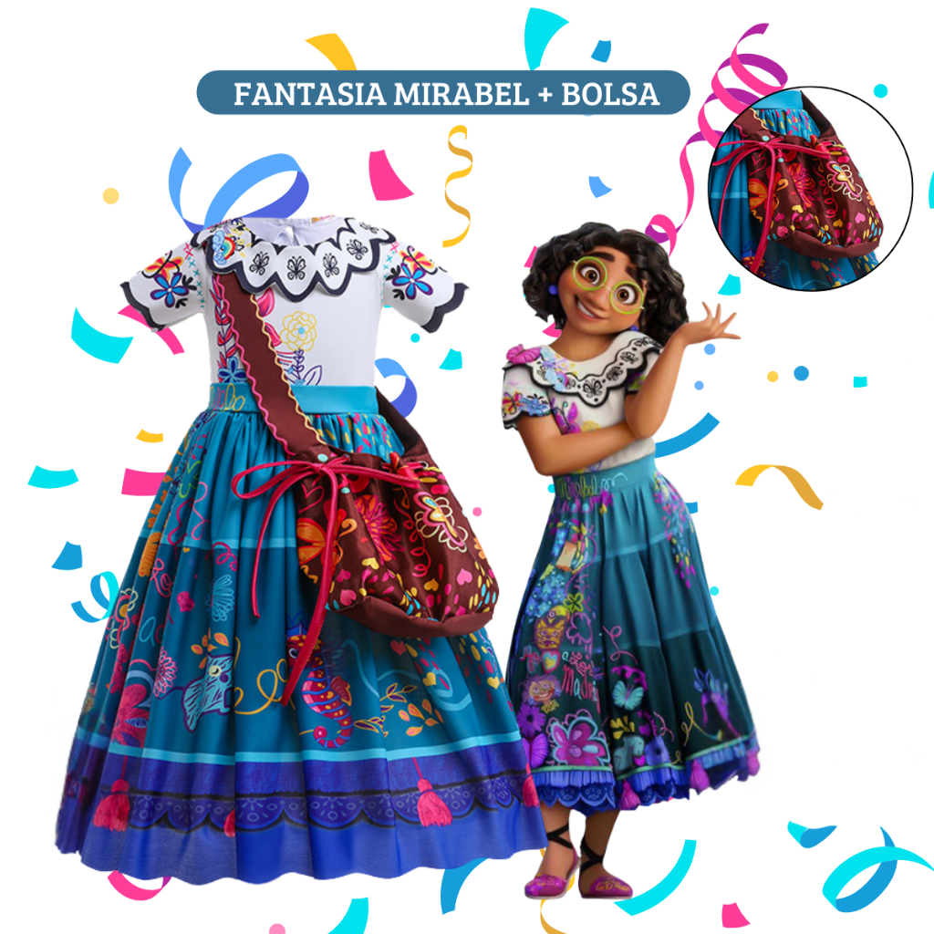 Fantasia Infantil Encanto Mirabel Princesa Vestido + Bolsa Carnaval