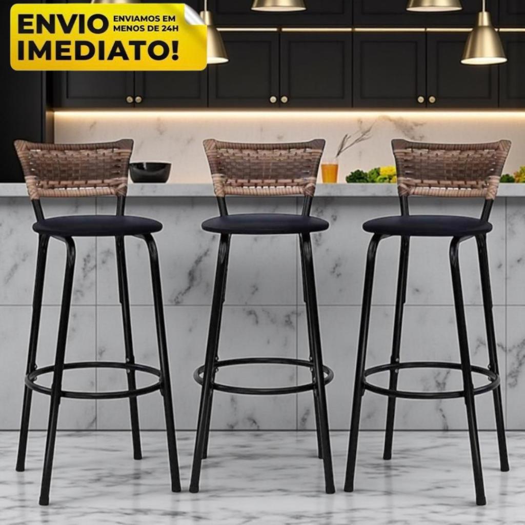 3 Banquetas Alta De Junco Capuccino Para Cozinha Bancada Balcão Bares Casa Decoração