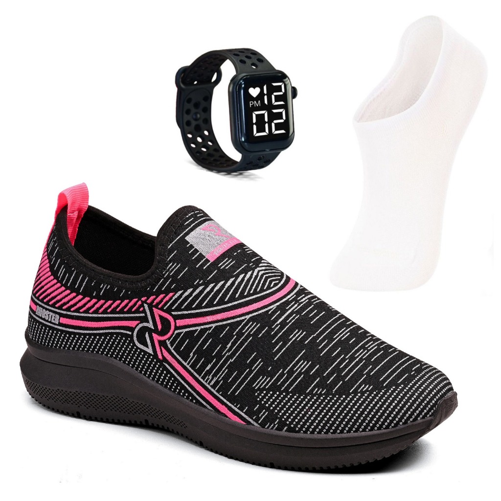Kit Tênis Meia feminino Sem Cadarço + Relógio + 1 Par Meia Branco 34 Ao 43