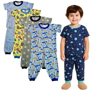 Kit 2 Pijamas Infantil Menino Estampado Roupa Masculino 2 Blusas Manga Curta 2 Calças Com Punho em Oferta na Shopee