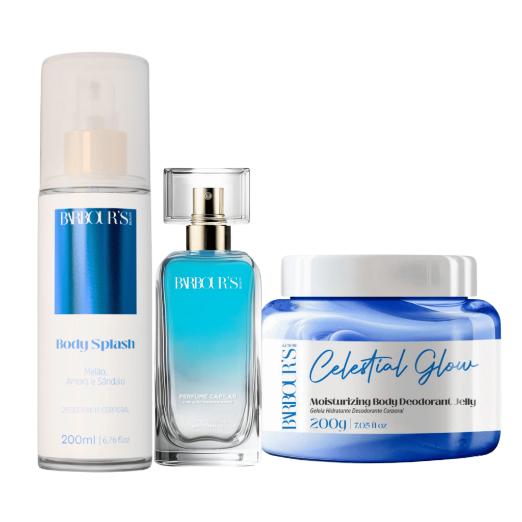 Kit Body Splash Geleia Hidratante Perfume Capilar Celestial Glow Barbour's Beauty Corporal em Oferta na Shopee