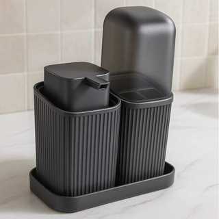 Kit Banheiro Com 2 Pecas Porta Sabonete Liquido Com Bandeja Dispenser e Porta Escovas Decoração  Moderno Higienico
