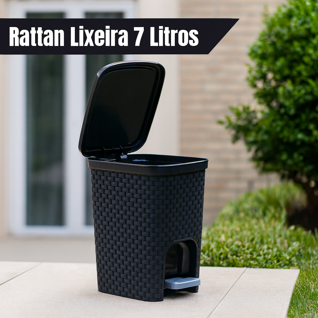 Lixeira Cozinha Banheiro  Com Tampa 7 Litros Com Pedal Preto Rattan Arqplast 1 unidade