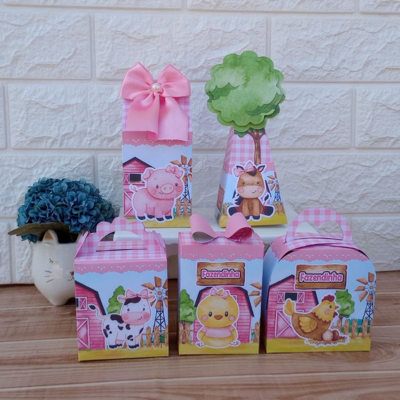 PEGUE E MONTE  Kit Festa Personalizados FAZENDINHA ROSA Lembrancinhas Caixinhas para festa