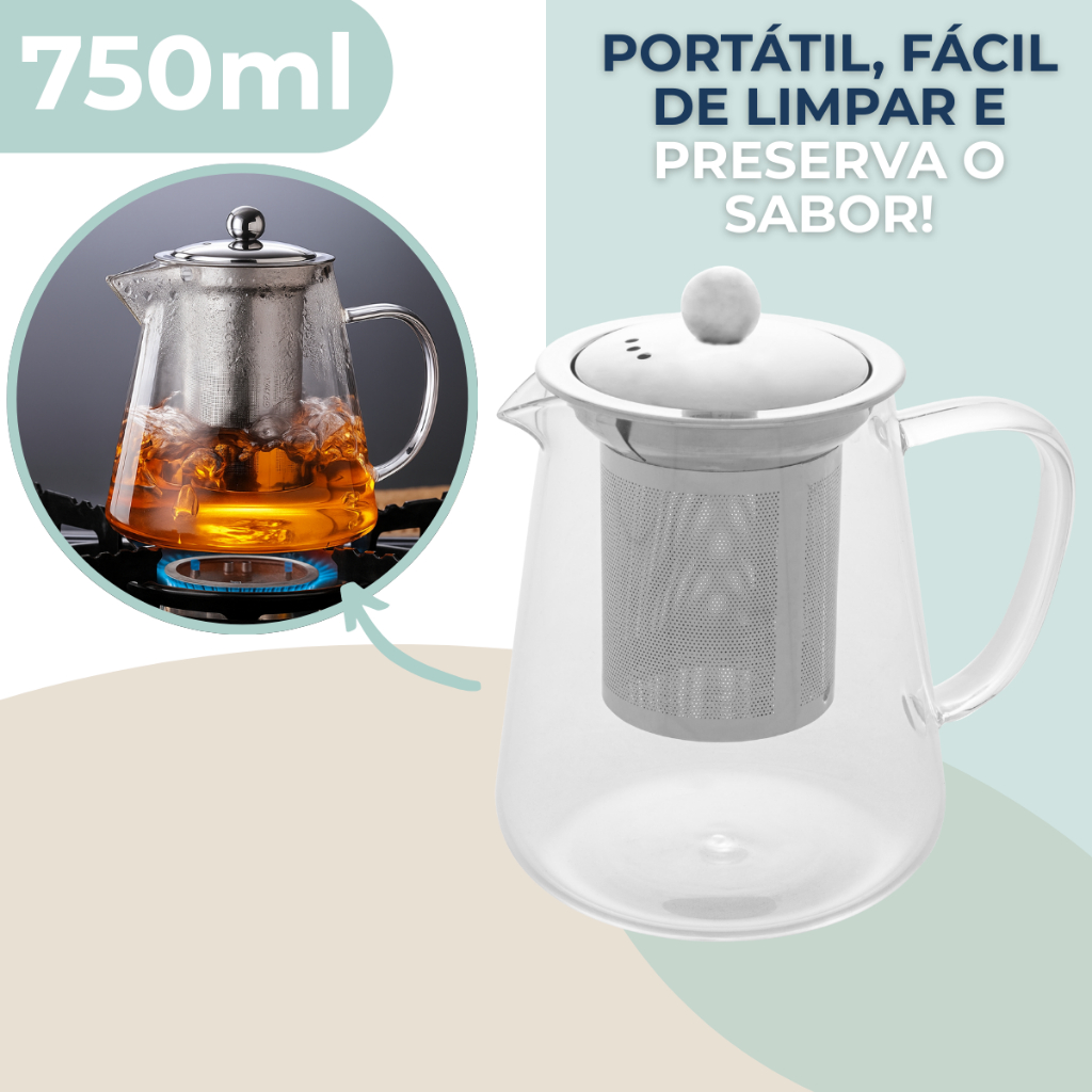 Chaleira Bule De Vidro Com Infusor De Inox Direto Ao Fogo Resistente Ao Calor 750ml em Oferta na Shopee