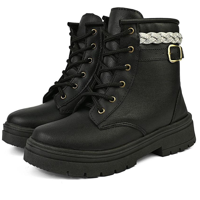 Bota coturno infantil menina blogueirinha tira strass brilho cadarço preta linda fivela