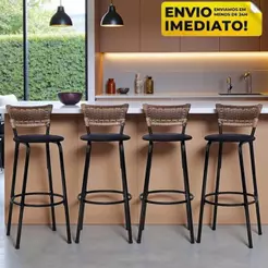 Kit 4 Banqueta Alta De Junco Capuccino Para Cozinha Moderna Bancada Balcão Bares Área Gourmet Casa