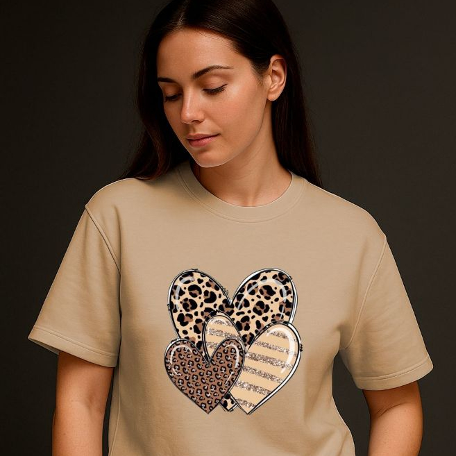 Camisetas Femininas Estampada Coração 100% Algodão Confortável Casual Moderna Estampa Romântica de Coração T+Shirt