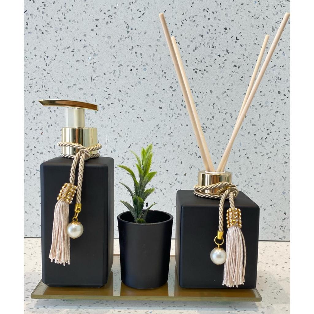 Kit lavabo Difusor Luxo 🖤 Frascos 250ml + Bandeja Ouro + Varetas 🌿 (Sem Essência)