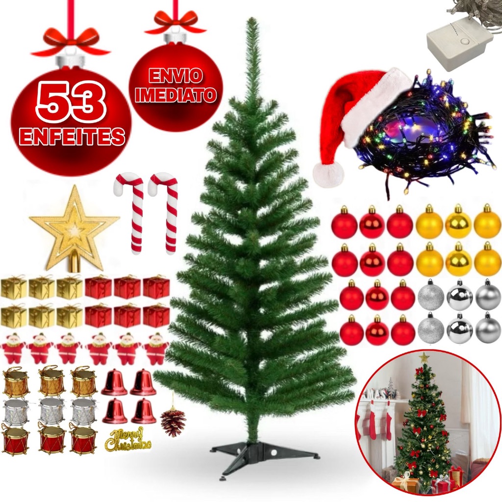 Árvore De Natal 120cm 53 Enfeites Pisca 120 Galhos Decorada Decoração Completa Envio Imedito - Árvore Completa