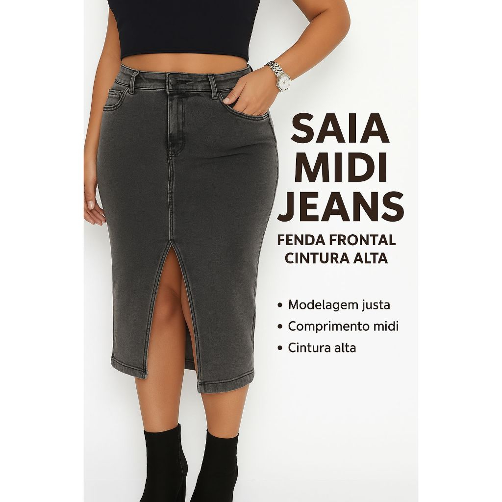 saia midi jeans credencial jeans saia com elastano abertura de fenda frontal