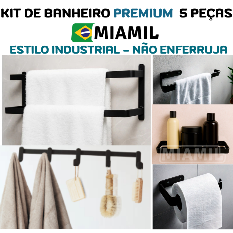 Kit de acessórios suporte para Banheiro preto 5 peças com Porta Toalha mais gancho de brinde Miamil