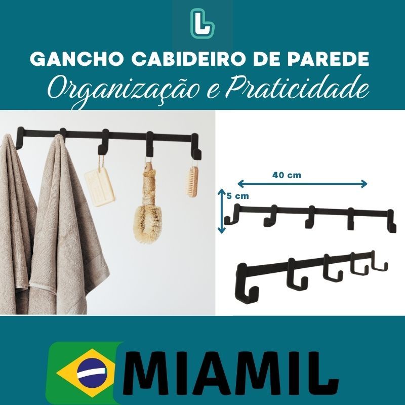 Kit de acessórios suporte para Banheiro preto 5 peças com Porta Toalha mais gancho de brinde Miamil — imagem 2 de 2