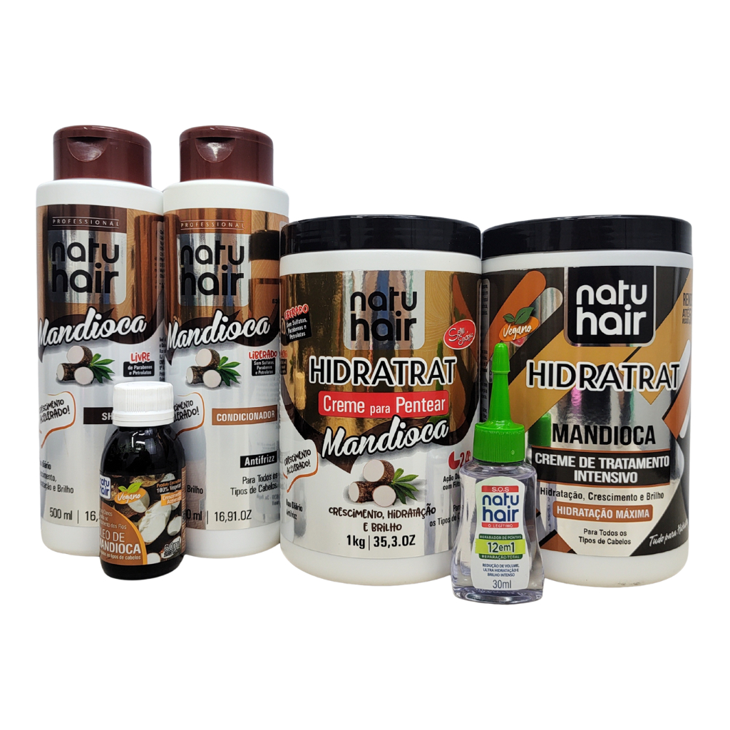 Kit NatuHair Mandioca: Shampoo, Cond., Creme, Tratamento, Óleo Capilar e Reparador de Pontas em Oferta na Shopee