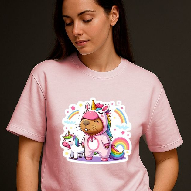 Camiseta Feminina Divertida 100% Algodão Estampada Capivara Unicórnio Fofa Kawaii Fashion Tumblr Confortável