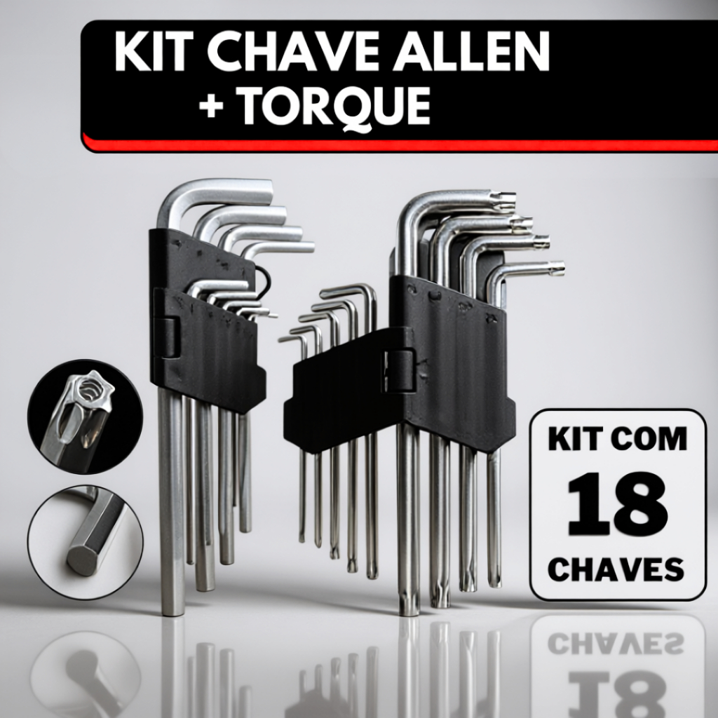 Jogo de Chave Torque Torx + Allen com 18 Peças Curta T10 até T50
