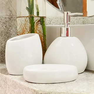 Kit Conjunto Lavabo Banheiro Bancada 3 Peças Cerâmica Acessórios Dispenser em Oferta na Shopee