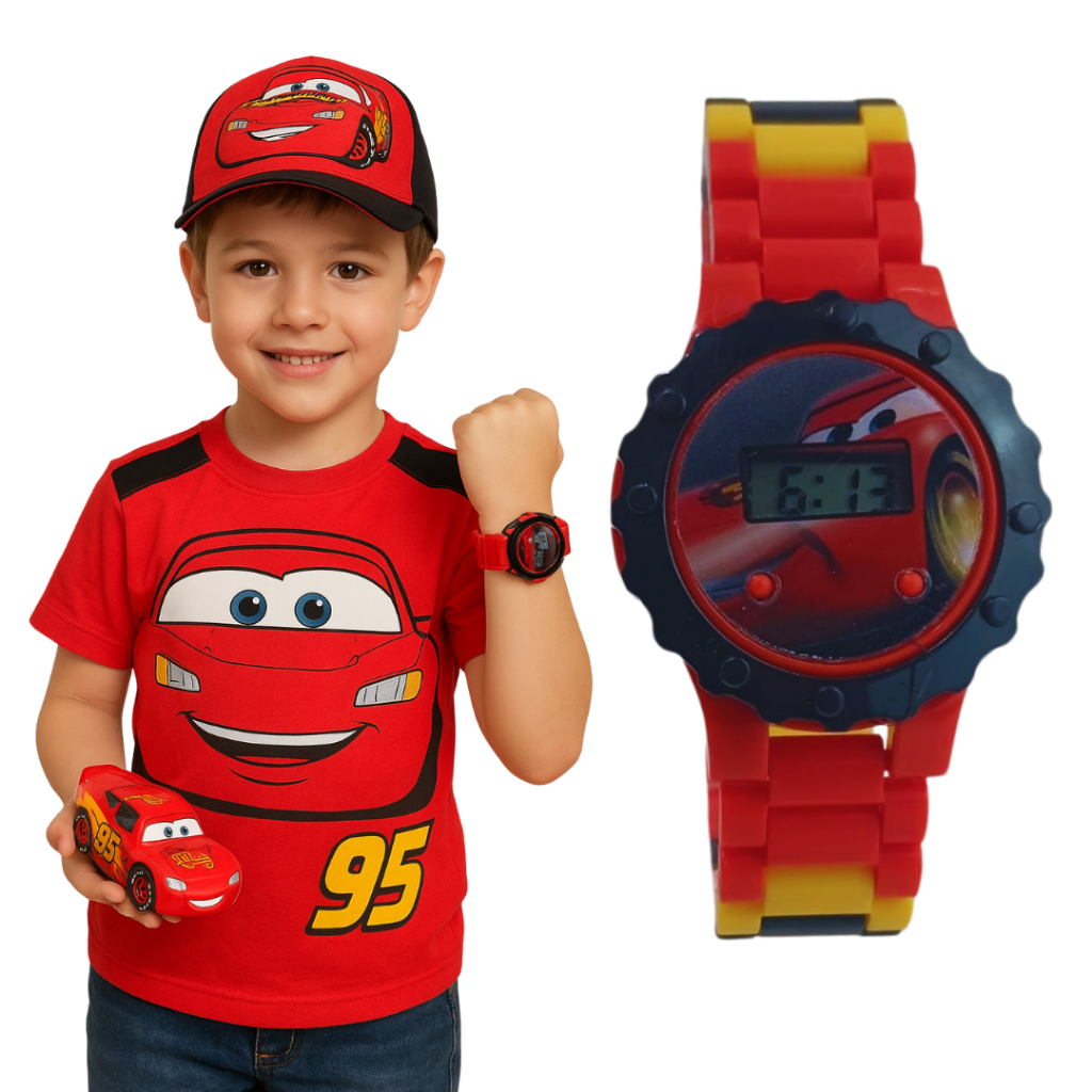 Relógio Inantil Menino relâmpago mcqueen + 1 bonenco do personagem carros da Disney em Oferta na Shopee