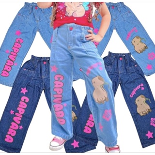 calça jeans pantalona capivara infantil  wide leg menina de alastico total no cós no tamanho 4 5 6 10 12 14 16 anos ca em Oferta na Shopee