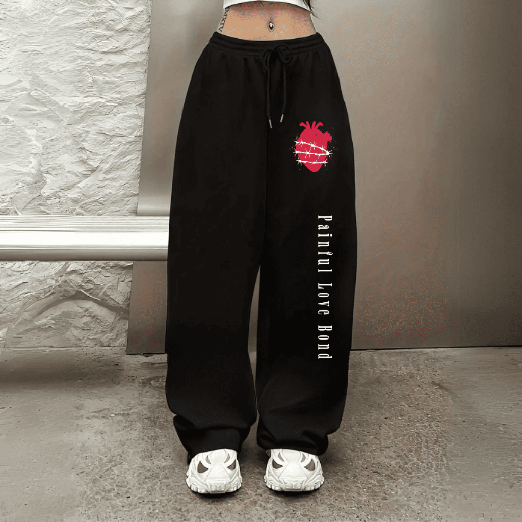 Moletom Calça Urban Style Wide Leg Flanelada Premium Tendência Hip Hop Modelo Painful Love Bound
