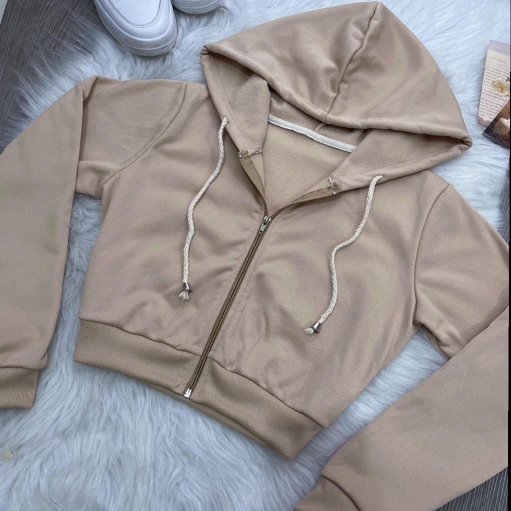 Moletom curto tipo cropped Feminino com capuz e zíper frontal ideal para qualquer ocasião em Oferta na Shopee