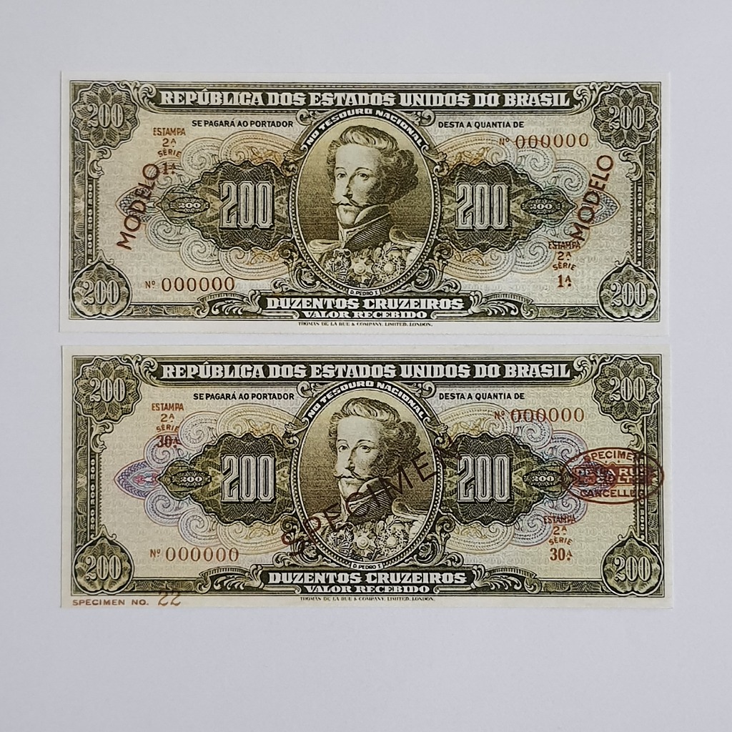 Duas Cédulas Réplicas de 200 cruzeiros (Inglesinha) - Specimen e Modelo - Favor ler a descrição