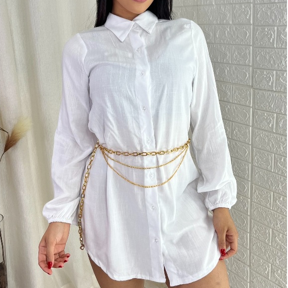 Chemise Viscolinho Com Elástico Na Manga Confortável Vestido Camisão Elegante Saída De Praia