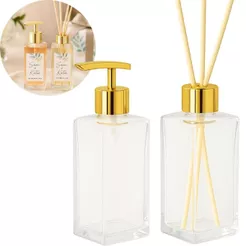 Kit 02 Vidro Para Lavabo Retangular 250ml Com tampa Difusor Luxo + Válvula Saboneteira Super Luxo e Varetas