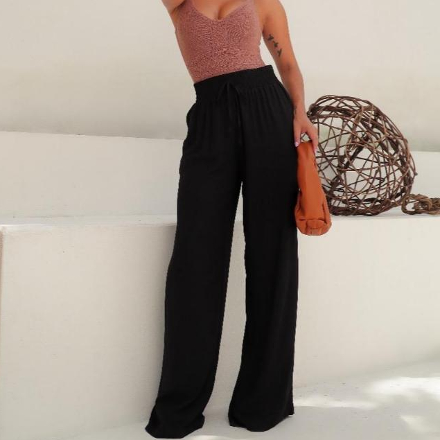 Calça Pantalona Tecido Viscolinho Ótimo Caimento Com Elástico Na Cintura Elegante Leve E Confortável