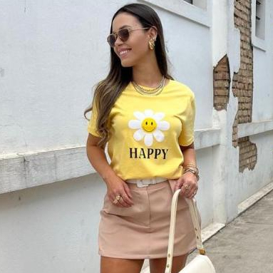 T-shirt Feminina Estampa Happy -  100% Algodão Fio 30.1 Penteado - Tamanhos P ao G1 em Oferta na Shopee